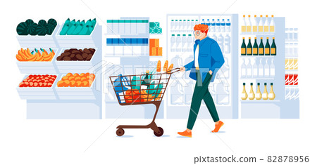 guy with trolley in the supermarket . Showcases, refrigerator, shelves of goods, wooden boxes of vegetables and fruits. Flat vector illustration 82878956