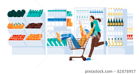 Two girls in a supermarket trolley ride in the supermarket. Showcases, refrigerator, shelves of goods, wooden boxes of vegetables and fruits. Flat vector illustration 82878957