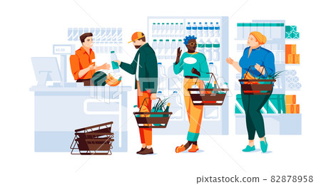 Different people with baskets are shopping at the grocery store. People near the cash register with the cashier. Shop interior with showcases on the background. Flat vector illustration.  82878958