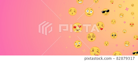 Pixel art emoji background. Funny 8 bit video game style background with yellow pixel art emoji face, Streamer screensaver or decorative background. Pink gradient background and free space for message 82879317