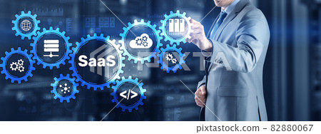 SaaS Software as a Service concept with hand pressing text SaaS Software as a Service concept with hand pressing text 82880067
