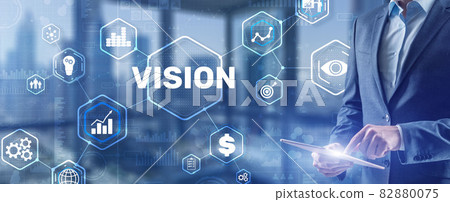 Vision. Business people and modern city on background. Virtual screen 82880075