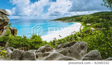 Grand Anse beach from view point. La Digue island, Seychelles Grand Anse beach from view point. La Digue island, Seychelles 82880102