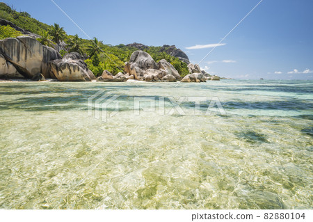 Anse Source d'Argent - exotic paradise beach with granite boulders on island La Digue at Seychelles Anse Source d'Argent - exotic paradise beach with granite boulders on island La Digue at Seychelles 82880104
