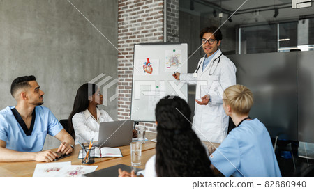 Multiracial team of doctors having morning breefing at clinic Multiracial team of doctors having morning breefing at clinic 82880940