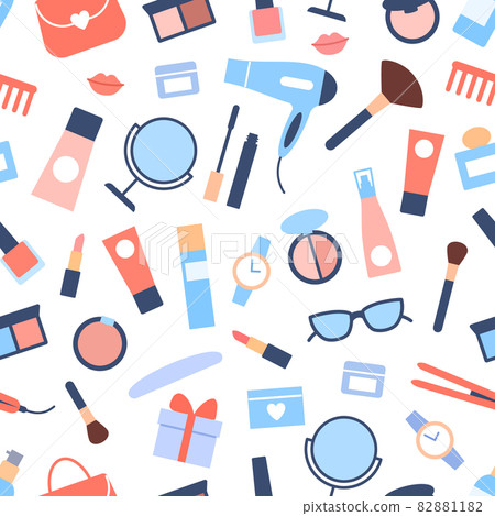Women accessories seamless pattern. Color cosmetics objects for fashion look on white background. Lipstick, mascara eyeshadow perfume watch brush. Wrapping paper, wallpaper design illustration. Women accessories seamless pattern. Color cosmetics objects for fashion look on white background. Lipstick, mascara eyeshadow perfume watch brush. Wrapping paper, wallpaper design illustration. 82881182