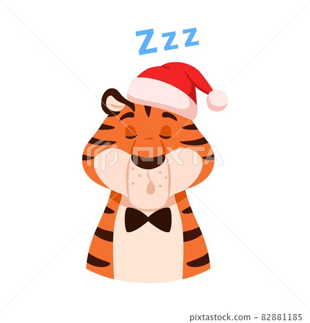 Napping funny tiger in Santa hat portrait isolated on white background. Adorable sleeping cartoon striped color character. Cute Chinese New Year symbol face. Christmas holiday flat illustration Napping funny tiger in Santa hat portrait isolated on white background. Adorable sleeping cartoon striped color character. Cute Chinese New Year symbol face. Christmas holiday flat illustration 82881185