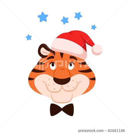 Cute smiling cartoon tiger head isolated on white background. Flat happy character in Santa hat with stars. Chinese New Year dreaming symbol. Comic striped wildcat face. Christmas illustration. Cute smiling cartoon tiger head isolated on white background. Flat happy character in Santa hat with stars. Chinese New Year dreaming symbol. Comic striped wildcat face. Christmas illustration. 82881186