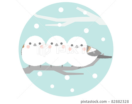 Illustration of three long-tailed tit perched on a tree 82882328