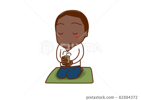 <Whole body / diagonal> An African man who sits upright and sits on a cushion and enjoys Japanese tea slowly. <Whole body / diagonal> An African man who sits upright and sits on a cushion and enjoys Japanese tea slowly. 82884372