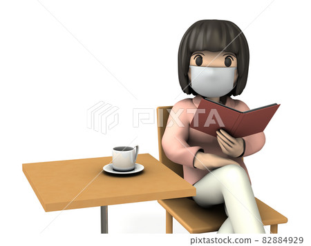 一個年輕的女人在看書享受慢生活。白色背景。 3D 渲染。 82884929