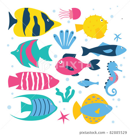Set of sea fish, corals and algae. Isolated white background. Set from flat illustration. 82885529