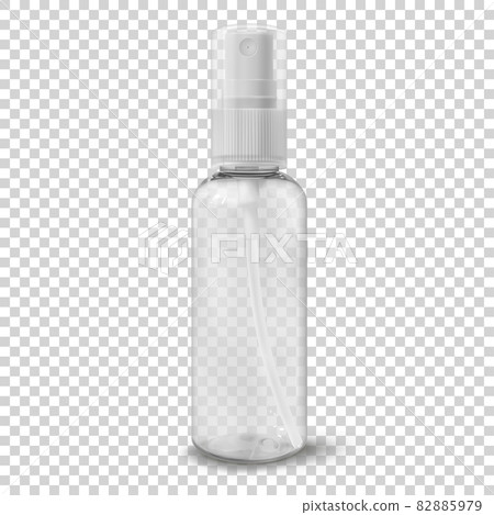 Transparent plastic cosmetic bottle with spray vector illustration. Container for sanitizer, mist, thermal water. Travel format beauty product package 82885979