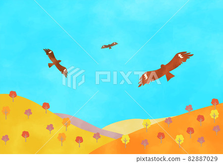 黑色風箏在秋山晴空高飛的水彩風格插圖 82887029