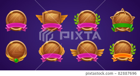 Set of game level ui icons, empty wooden shields Set of game level ui icons, empty wooden shields 82887696