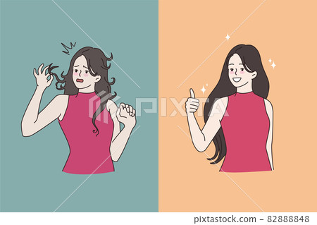 Woman before and after hair salon treatment 82888848