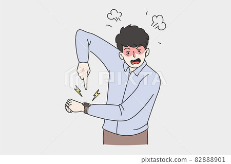 Mad man point at watch notify about work delay 82888901