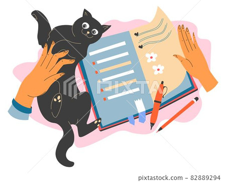 writing-down-in-diary-and-playing-with-cat-vector-stock-illustration