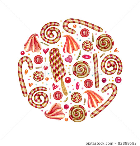 Watercolor round background with lollipops, bonbons, and hearts. Bright cartoon concept for invitations, posters, greeting cards, and other designs. Watercolor round background with lollipops, bonbons, and hearts. Bright cartoon concept for invitations, posters, greeting cards, and other designs. 82889582