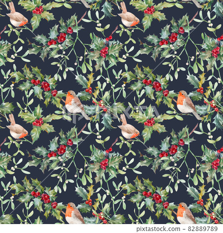 Beautiful floral christmas seamless pattern with hand drawn watercolor holly branches. Stock 2022 winter illustration. 82889789