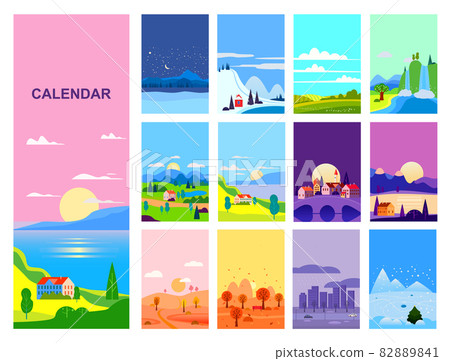 Calendar landscape natural backgrounds of four seasons. Set 12 minimalistic cartoon flat design seasons background Calendar landscape natural backgrounds of four seasons. Set 12 minimalistic cartoon flat design seasons background 82889841