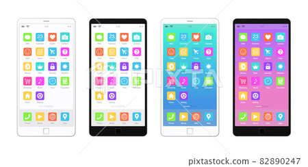 白色和黑色的智能手機，智能手機應用程序主屏幕矢量插圖素材 82890247