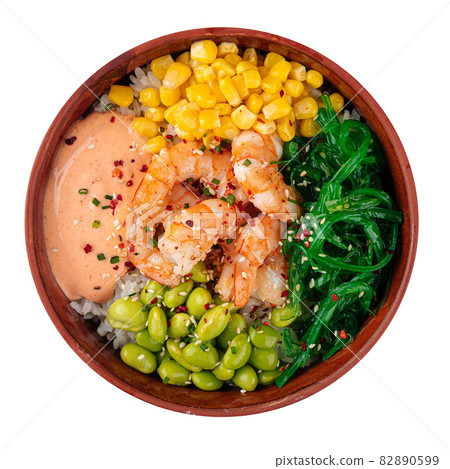 Isolated hawaiian shrimp poke bowl with vegetables 82890599