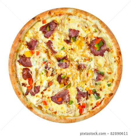 Isolated fresh pizza with different toppings Isolated fresh pizza with different toppings 82890611