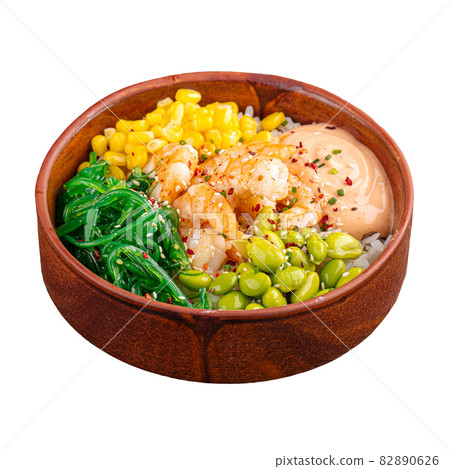 Isolated hawaiian shrimp poke bowl with vegetables Isolated hawaiian shrimp poke bowl with vegetables 82890626
