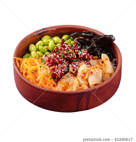Isolated hawaiian chicken poke bowl with kimchi Isolated hawaiian chicken poke bowl with kimchi 82890627
