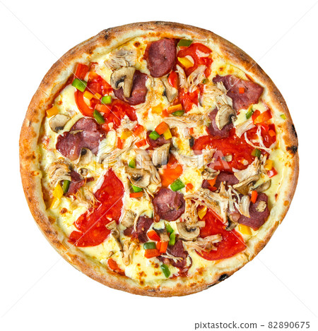 Isolated fresh pizza with different toppings Isolated fresh pizza with different toppings 82890675