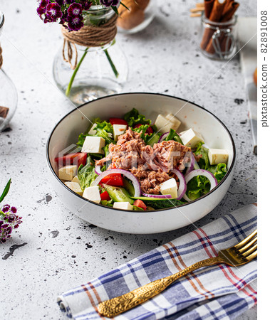 Bowl of fresh tuna salad with cheese Bowl of fresh tuna salad with cheese 82891008