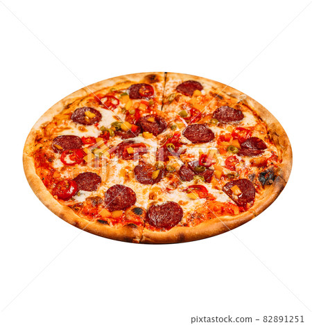 isolated pepeproni pizza with jalapeno on white 82891251