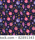 Watercolor seamless pattern with Christmas balls, snowflakes, serpentine, and stars on the dark background. Hand-drawn Christmas background. 82891343