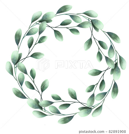 Watercolor green leaves wreath. Isolated on white - Stock Illustration ...