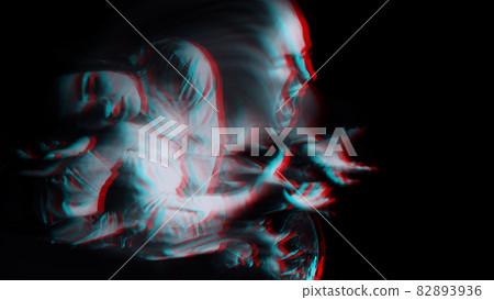 scary portrait of a ghost girl in a white shirt with a blur. Black and white with 3D glitch virtual reality effect 82893936