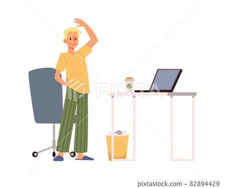 Man interrupting his work for sport break, flat vector illustration isolated. Man interrupting his work for sport break, flat vector illustration isolated. 82894429