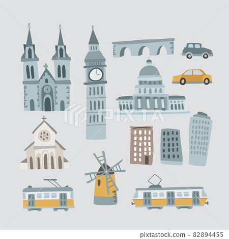 Set of hand drawn houses, monuments. Transportation vehicles. Urban icons isolated on blue background. Town, village concept. Cathedral, Big Ben tower, Capitol and bridge. Cars and trams. Vectors. 82894455