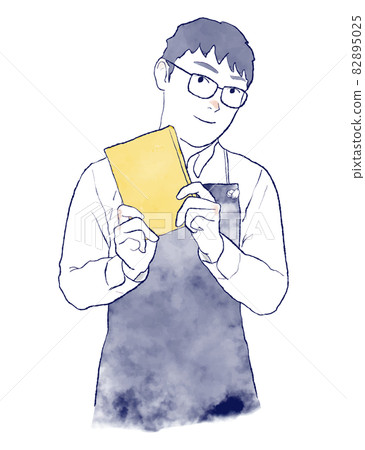 推薦書籍： 亞洲男士圍裙襯衫上身水彩水墨手繪插畫眼鏡書店 82895025