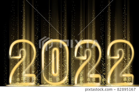 2022 New Year shiny gold color shiny numbers banner. Realistic text flash light, golden particles, glitter, sparkles dust, black background. Vector illustration greeting card 2022 New Year shiny gold color shiny numbers banner. Realistic text flash light, golden particles, glitter, sparkles dust, black background. Vector illustration greeting card 82895167