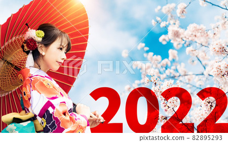 2022 New Year's card material Sakura and Japanese women 82895293