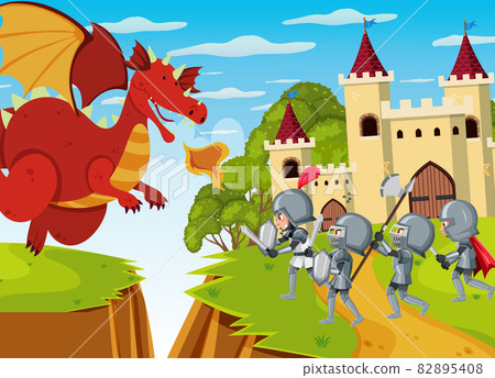 Knights fight with dragon at the castle 82895408