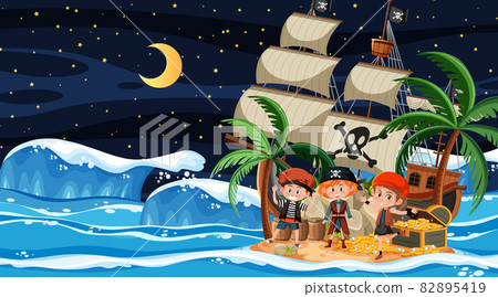 Treasure Island scene at night with Pirate kids 82895419