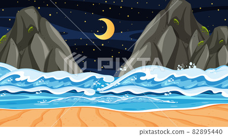 Beach landscape at night scene with ocean wave Beach landscape at night scene with ocean wave 82895440