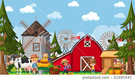 Farm scene with many kids cartoon character and... - Stock Illustration ...