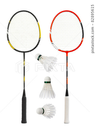 Badminton rackets and feather shuttlecocks 82895615