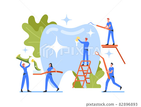 Dental Care, Oral Health Treatment Program, Check Up Concept. Tiny Dentists Characters in Medic Robe Cleaning Huge Tooth 82896893