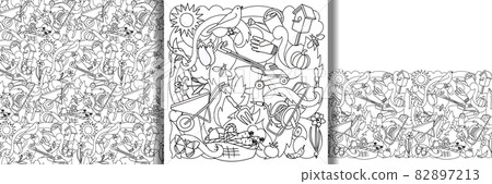 Garden print and seamless border and pattern set 82897213