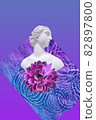 Contemporary collage. Sculpture of a woman on a neon abstract background. 82897800