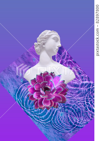 Contemporary collage. Sculpture of a woman on a neon abstract background. 82897800